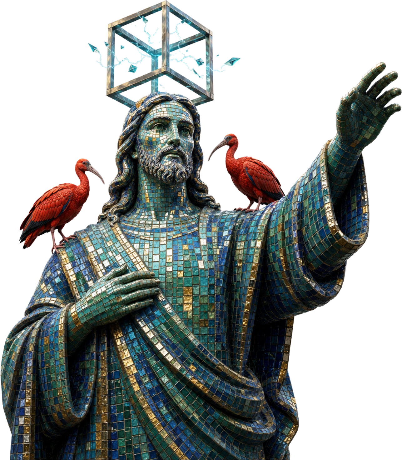Estátua do Cristo em mosaico com braço estendido apontando para o diretório