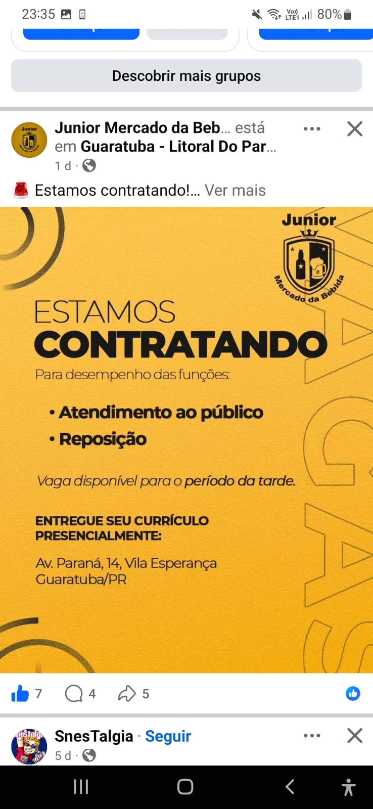 Flyer Junior Mercado da Bebida — Estamos Contratando (Atendimento ao Público e Reposição)